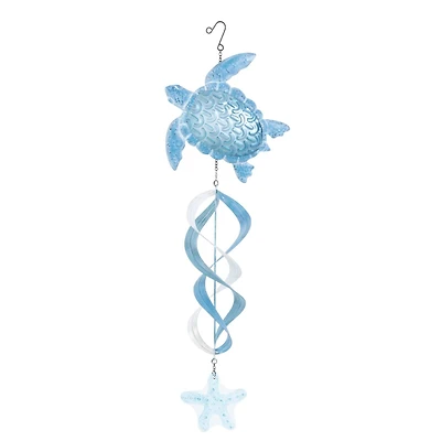 33" Blue Swirl Wind Spinner Metal Turtle & Starfish Windchime