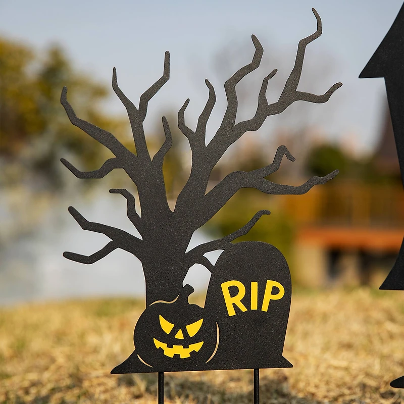 Glitzhome® 2ft. Halloween Metal Silhouette Haunted House and Ghost Tree Yard Stake Set