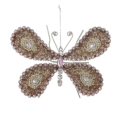 Hello Honey® 8" Silver, Pink & Cream Metal Butterfly Ornament with Sequins, Jewels & Beads