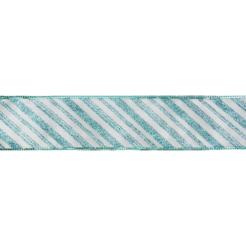 2.5" x 20ft. Turquoise Glitter Diagonal Stripes Wired Taffeta Ribbon by Celebrate It®