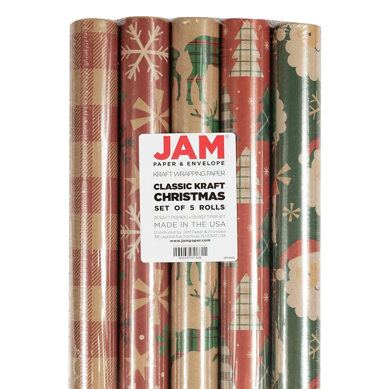 JAM Paper Christmas Kraft Gift Wrap Set, 5ct. 