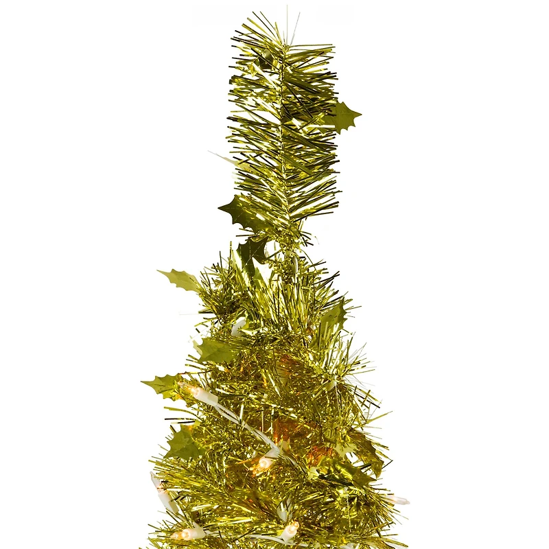 6ft. Pre-Lit Gold Tinsel Pop-Up Artificial Christmas Tree, Clear Lights