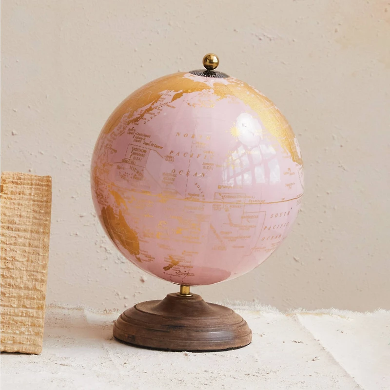 Hello Honey® 10.75" Pink & Gold Metal & Plastic Globe on Natural Mango Wood Stand