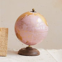 Hello Honey® 10.75" Pink & Gold Metal & Plastic Globe on Natural Mango Wood Stand