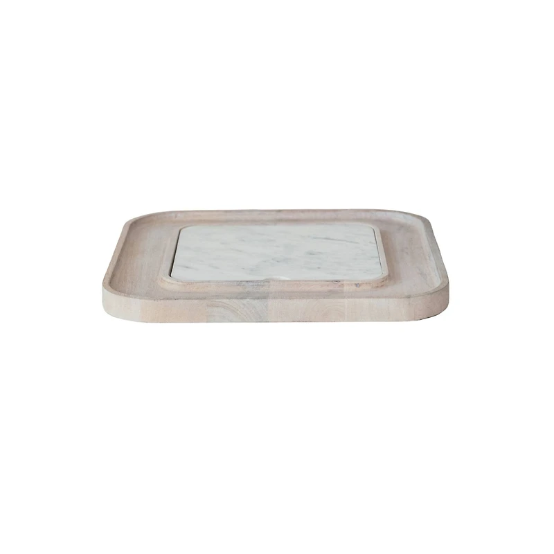 Hello Honey® 13.5" White Marble & Wood Cutting Board on a Dish