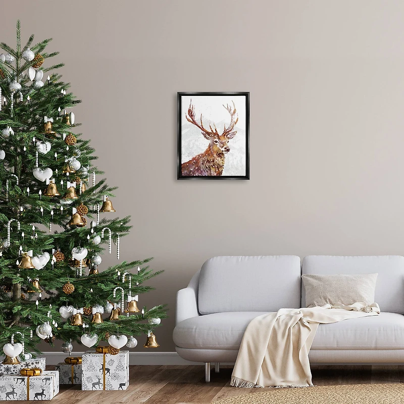 Stupell Industries Winter Deer Mountain Snowfall Framed Floater Canvas Wall Art