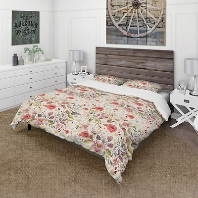 Designart 'Vintage Red Pink Flower and Leaves' Rustic Bedding Set