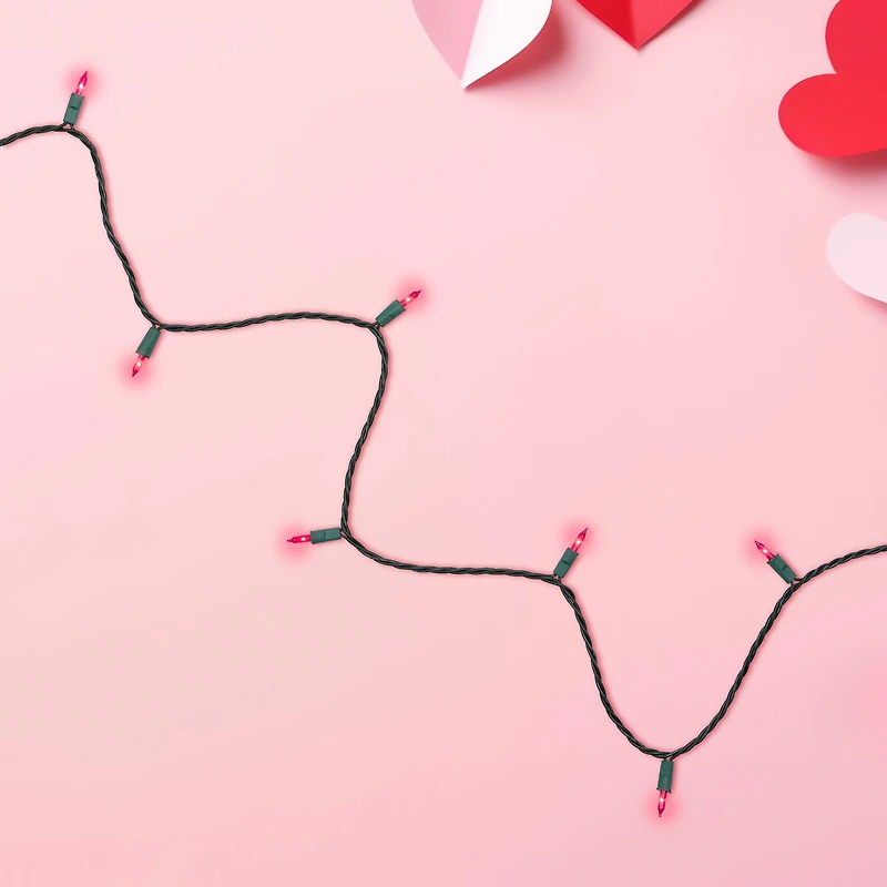 Set of 50 Pink Perm-O-Snap Mini Christmas Lights - 24.75 ft  Green Wire