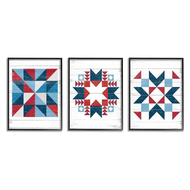 Stupell Industries Geometric Triangular Quilt Pattern Design Red White Blue in Frame Wall Art