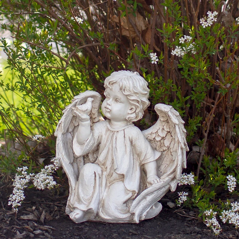 10" Ivory Cherub Angel on Knee with Dove Garden Statue