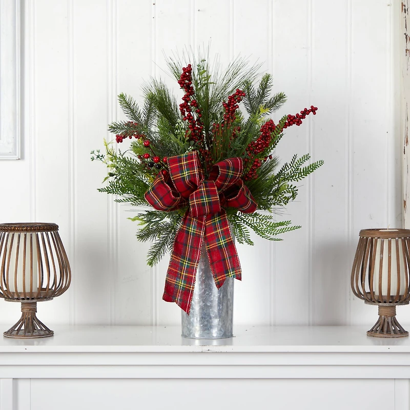 28" Holiday Winter Greenery, Berries & Plaid Bow Artificial Christmas Arrangement