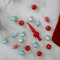 19ct. Red & Blue Frosted Glass Ornaments & Tree Topper Set