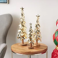 Gold Metal Layered Holly Leaf Christmas Tree Sculpture Set