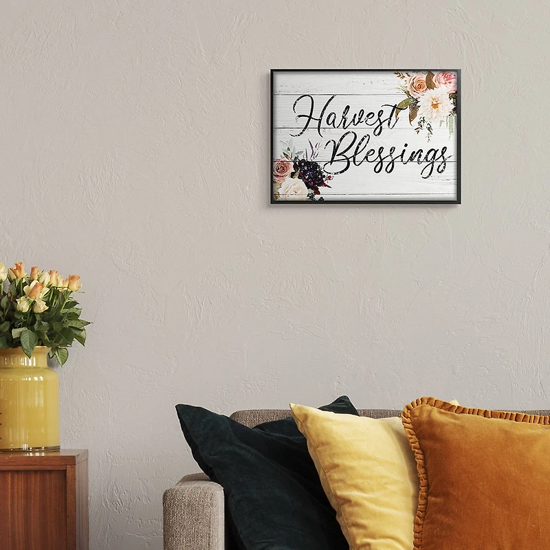 Stupell Industries Harvest Blessings Phrase Pink Peony Floral Arrangements in Frame Wall Art