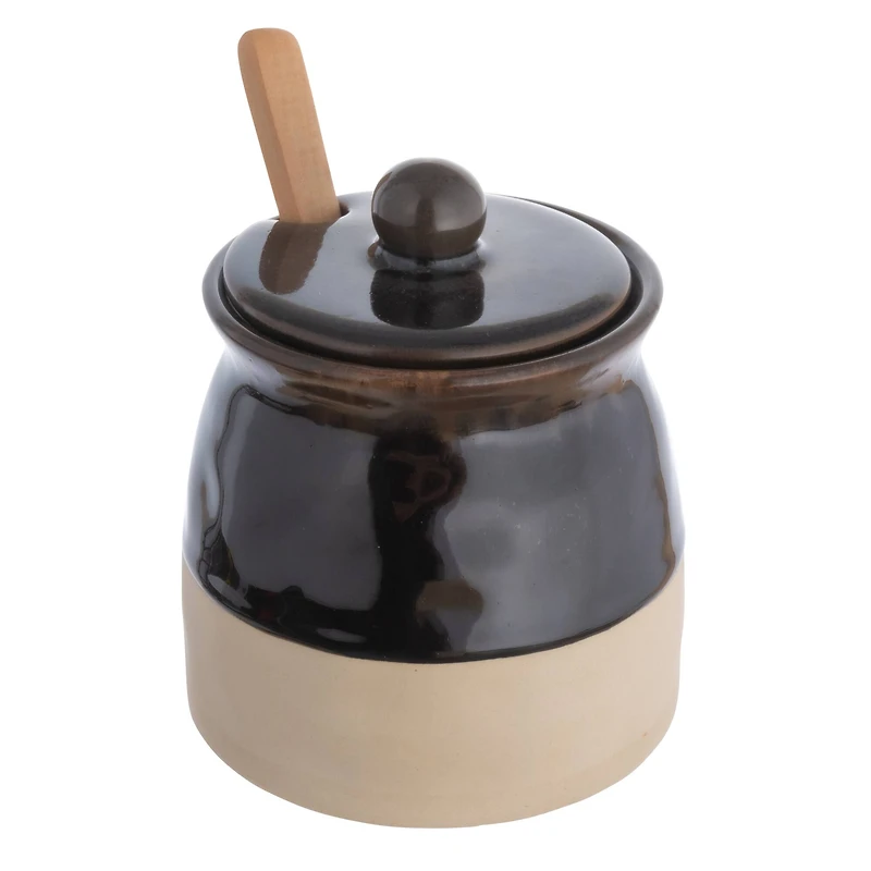 Hello Honey® 4.4" Black Stoneware Sugar Pot with Lid & Wood Spoon