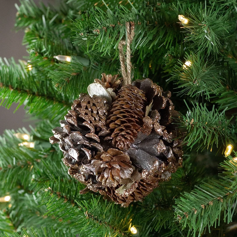 5" Glitter Copper Pine Cone And Leaves Round Ornament