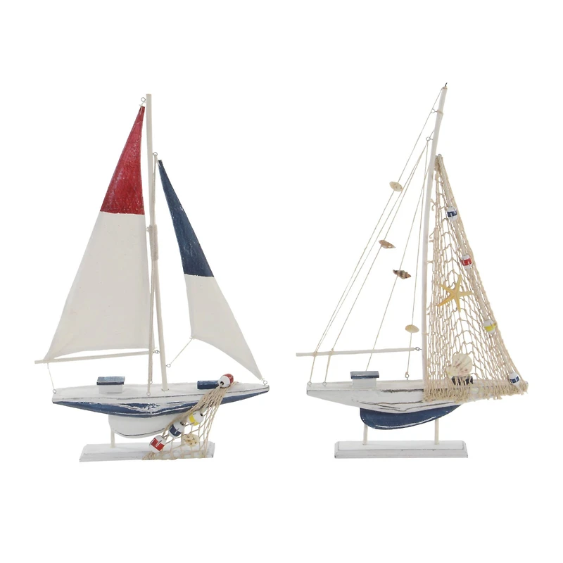 Set of 2 White Wood Coastal Sail Boat Sculpture, 22" x 13"