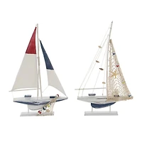 Set of 2 White Wood Coastal Sail Boat Sculpture, 22" x 13"