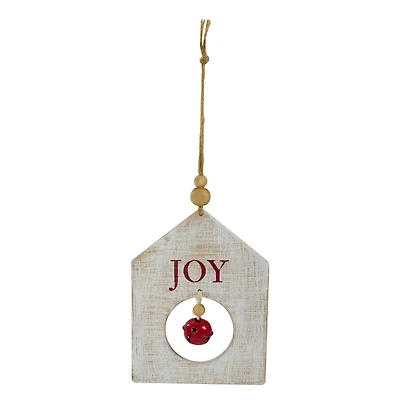 Rustic Wooden "JOY" with Bell Christmas Tag Ornament - 8" - Red and White