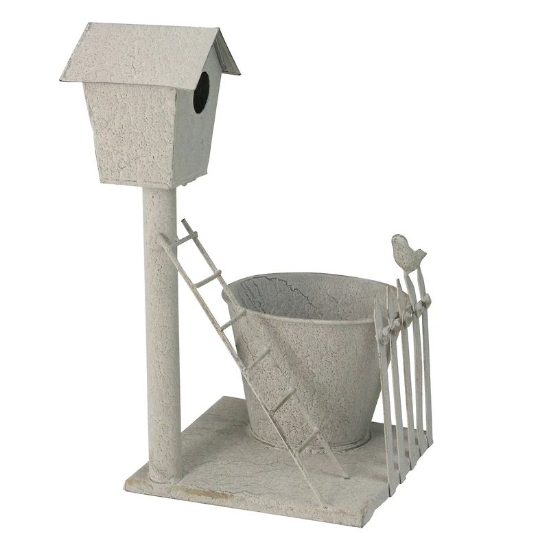 13" Gray Textured Planter with Decorative Birdhouse