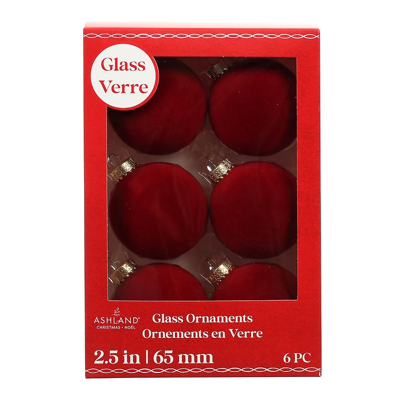 6 Pack 2.5" Dark Red Flocked Glass Ball Ornaments by Ashland®