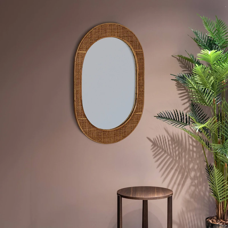 Hello Honey® 30" Natural Brown Oval Bamboo & Rattan Framed Wall Mirror