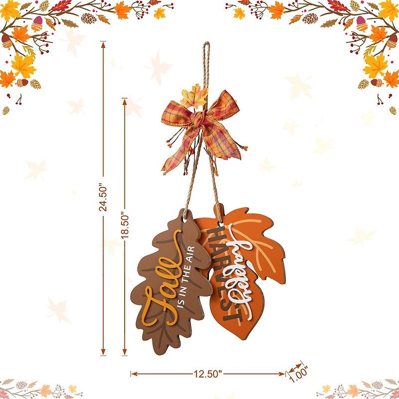 Glitzhome® 24.5" Fall Wood Maple Leaves with Bowknot Door Hanger