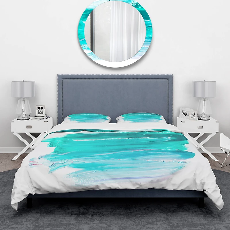 Designart 'Turquoise Paint Strokes on White Background' Abstract Bedding Set