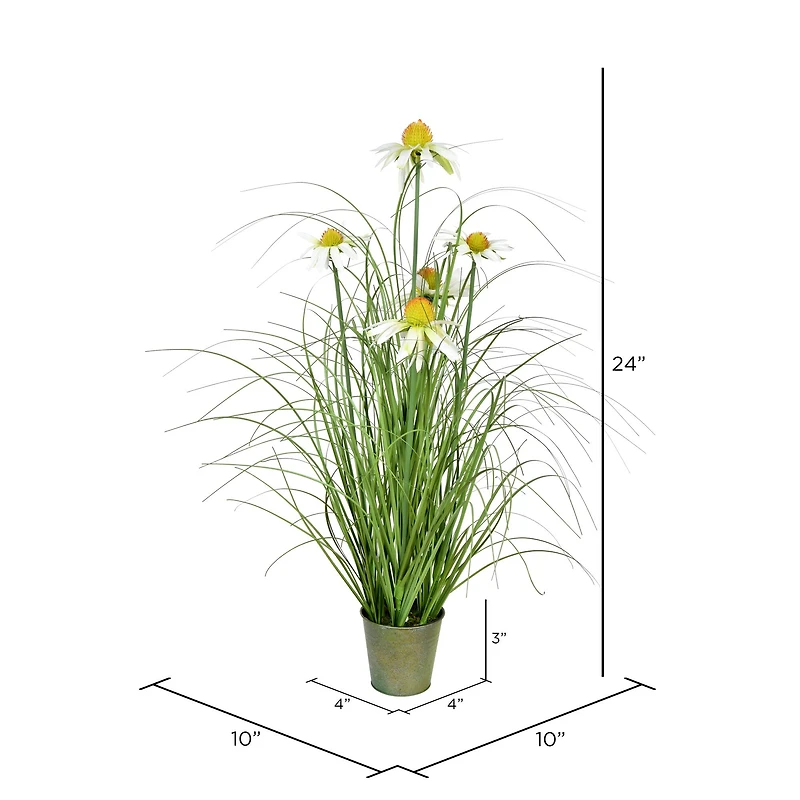Artificial Green Grass & Daisies in Iron Pot