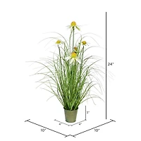 Artificial Green Grass & Daisies in Iron Pot