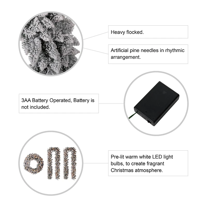 Glitzhome® Pre-Lit Flocked Christmas Wreath & Garland Set with Timer, 3 Functions