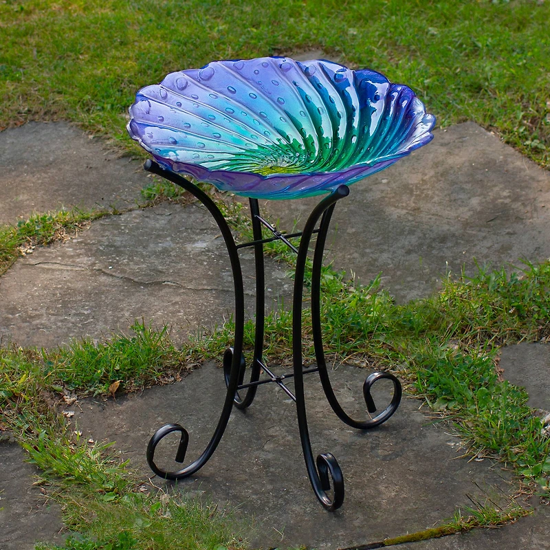 18" Purple & Green Swirled Hand Painted Glass Outdoor Birdbath