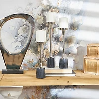 Silver Metal Slim Candle Holder with Black Marble Base Set