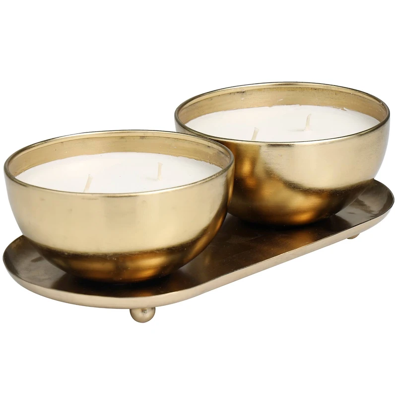 English Garden Scented 2-Wick Candles in Gold Bowls Set