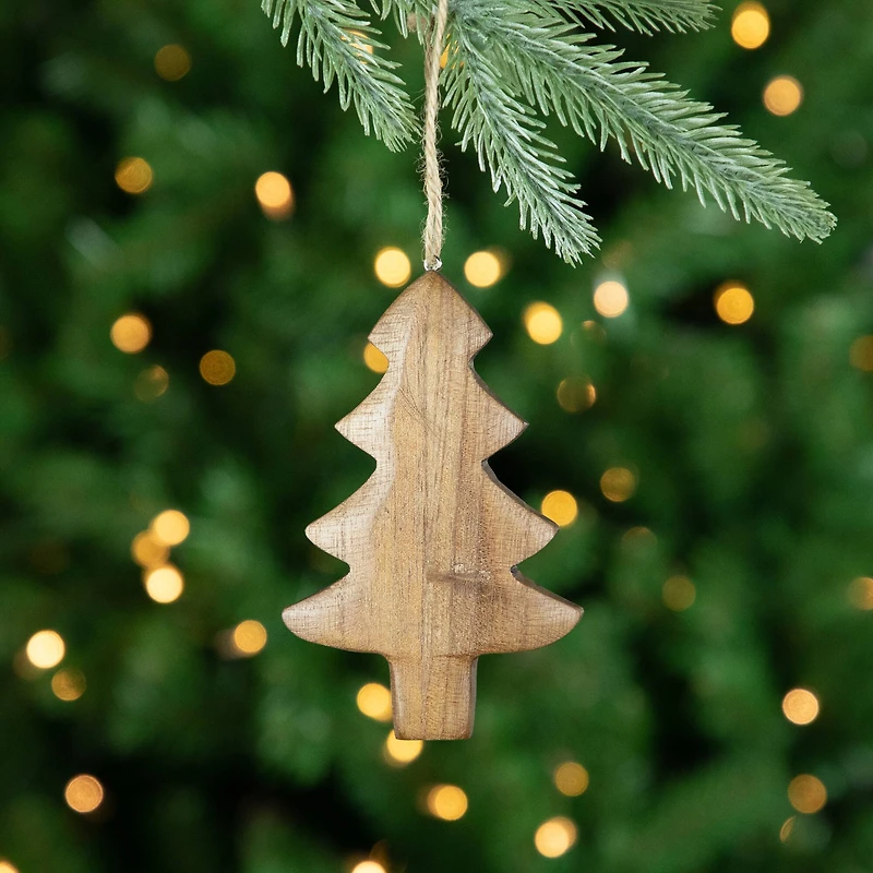 Tree and Star Wooden Christmas Ornaments - 5" - Brown - Set of 2