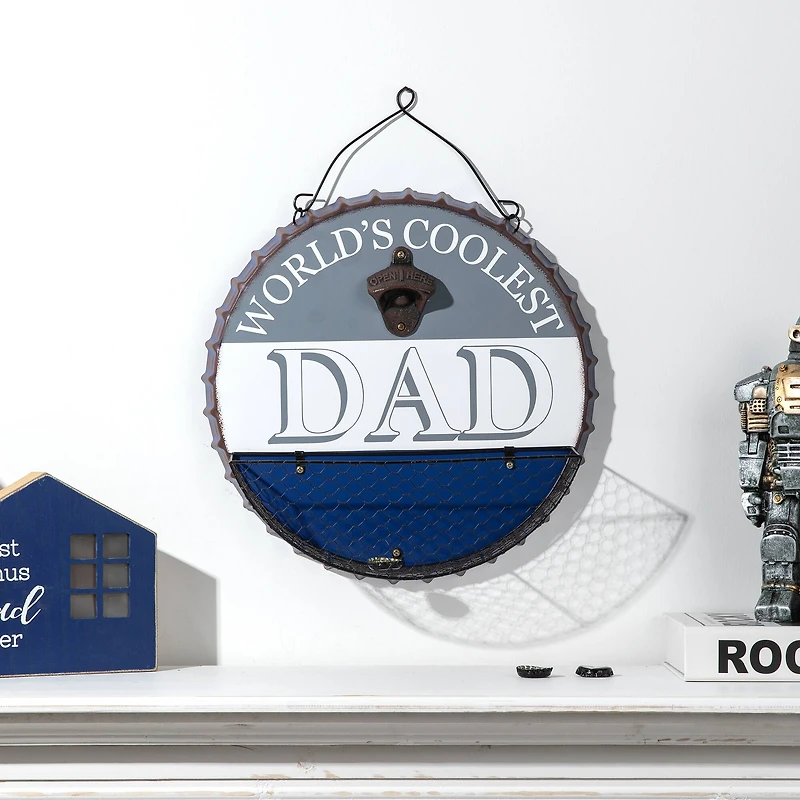 Glitzhome® 13" Father's Day Metal Bottle Cap Bottle Opener Wall Sign & Organizer