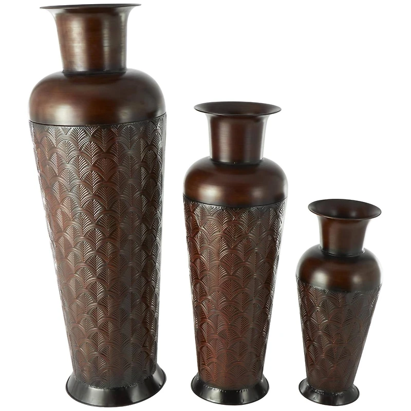 Dark Brown Metal Tall Vase Set with Geometric Designs