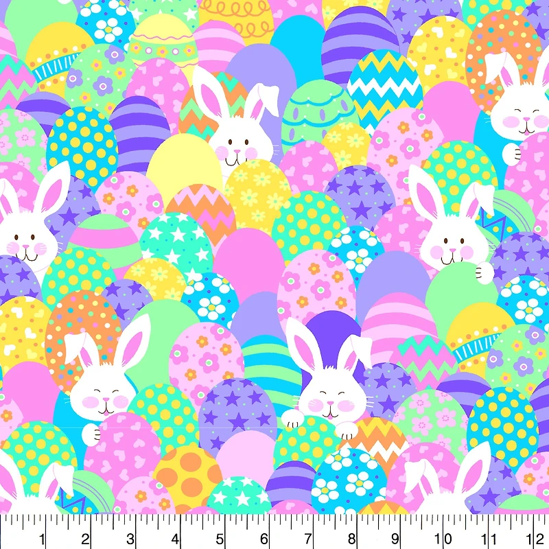 Fabric Traditions Easter Stacked Bunnies & Eggs Glitter Cotton Fabric