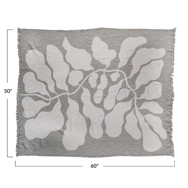 Hello Honey® Tan Botanical Print & Fringe Cotton Slub Throw Blanket