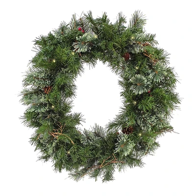 30" Pre-Lit Glistening Pine Wreath with Pinecones & Berries, Warm White LED Lights