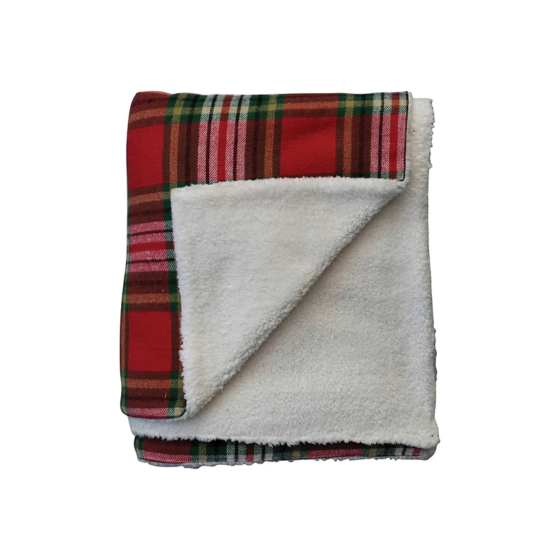 Hello Honey® 60" Red Plaid Brushed Cotton Flannel Throw with Sherpa Back