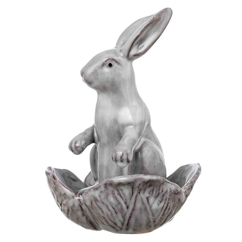 Hello Honey® 8" White Stoneware Rabbit Figurine with Flower Shaped Bowl