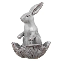 Hello Honey® 8" White Stoneware Rabbit Figurine with Flower Shaped Bowl