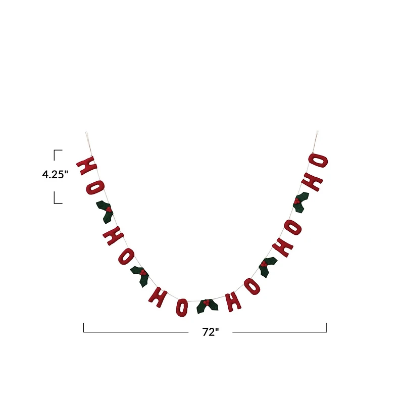 Hello Honey® 6ft. Handmade Wool Felt "HO HO HO" with Holly Leaves & Berries Garland