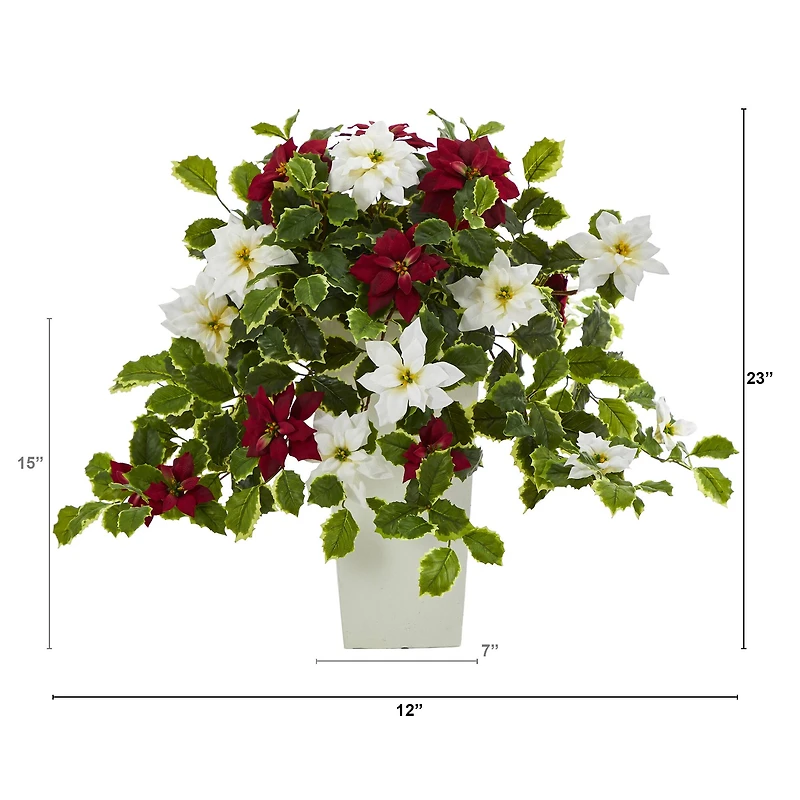 23” Poinsettia & Variegated Holly Artificial Plant in White Decorative Planter