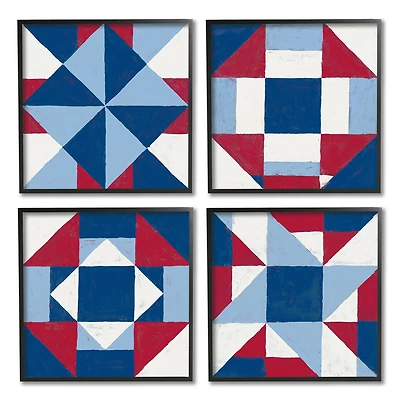 Stupell Industries Geometric Patchwork Quilt Pattern Red White Blue Black Framed Wall Art