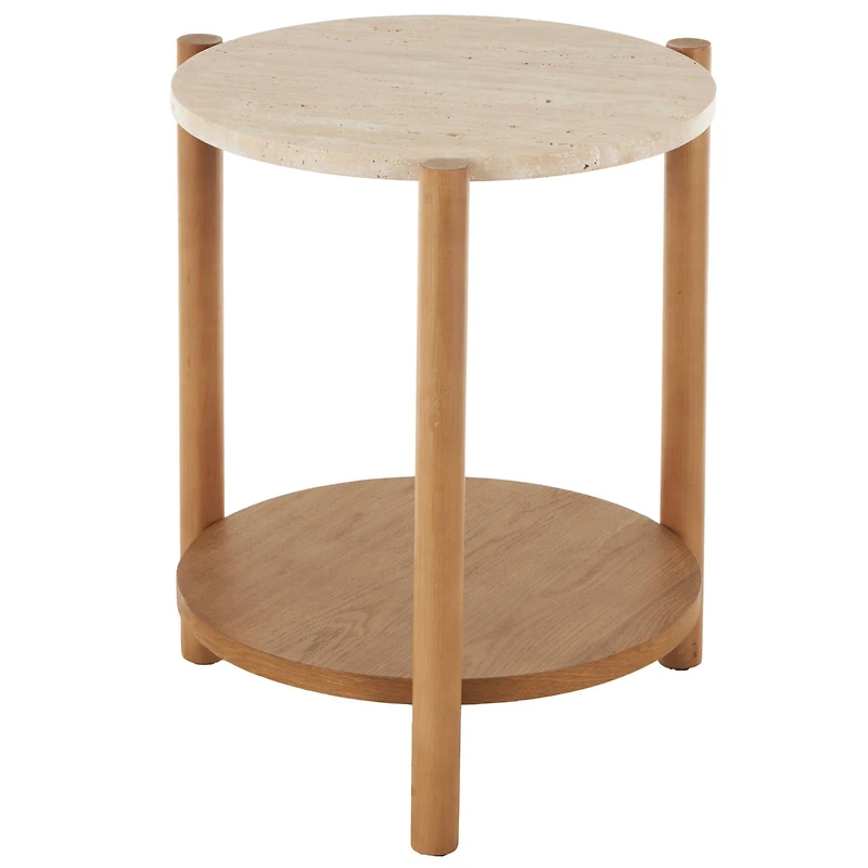 20.25" Brown Wood Handmade Round Side End Accent Table with Beige Marble Top