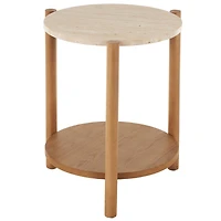 20.25" Brown Wood Handmade Round Side End Accent Table with Beige Marble Top