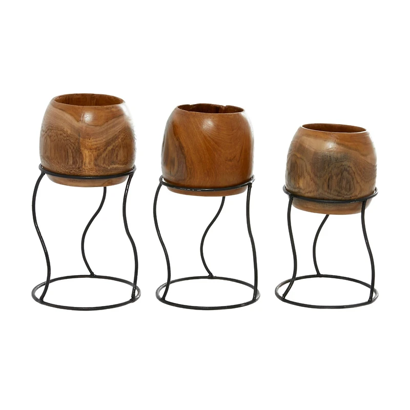 Set of 3 Brown Teak Wood Rustic Planter 9", 11", 10"