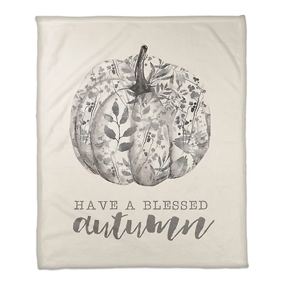 White & Gray Blessed Autumn Pumpkin Fleece Blanket